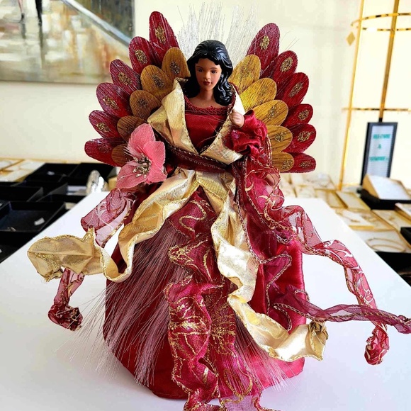 Fiberoptic Black Christmas Angel Tree Topper Irridescent Gold & Maroon Gown - Picture 1 of 8